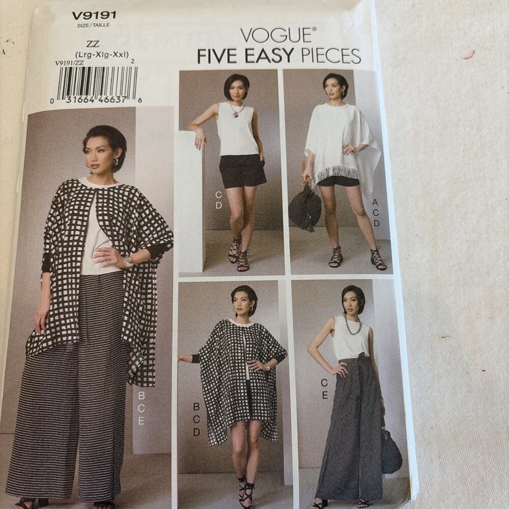Vogue V9191 Five Easy Pieces Misses’ Poncho Top Shorts & Pants Lg, XL And XXL